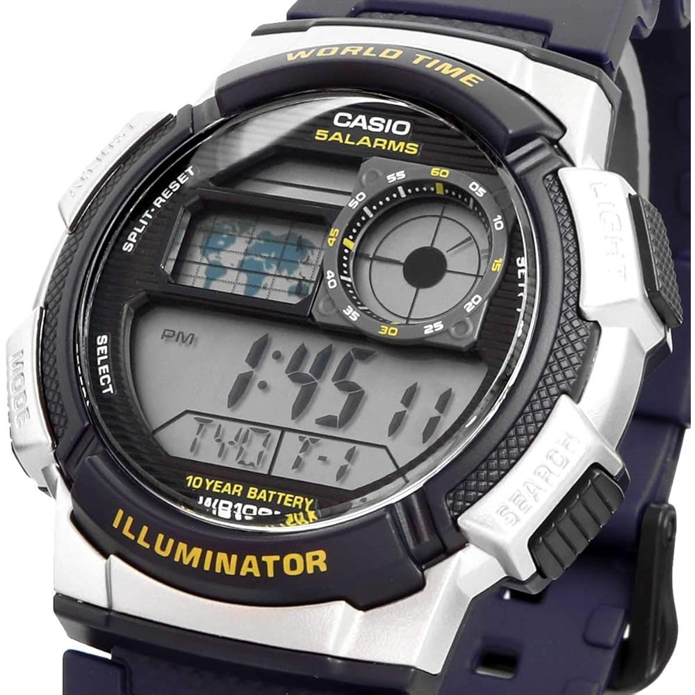 Casio World Time Digital Men's Watch AE-1000W-2AV Navy Silver Waterproof Travel Timepiece