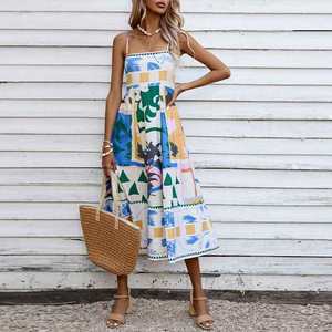 European and American women's clothing, new spring models, graffiti-printed holiday style high-waisted suspender dress