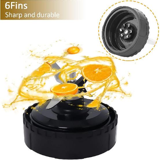 Replacement Parts Compatible with Nutri Ninja, Blender Blade 6 Fins and 2 Pcs 16oz Single Serve Blender Cup Set Compatible with Ninja BL660 BL740
