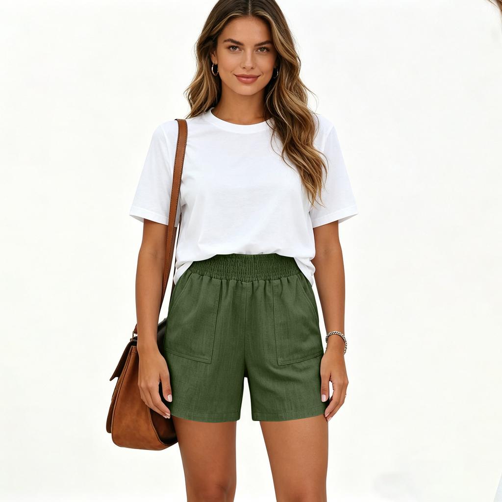 Women High Waist Linen Shorts with Pockets Loose Fit Elastic Waistband Casual Wide Leg Summer Shorts for Daily Wear