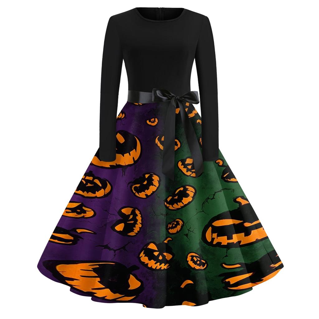 Women Casual Halloween Print Dress Long Sleeve Round Neck Retro Vintage Style Midi Dress with Waist Tie