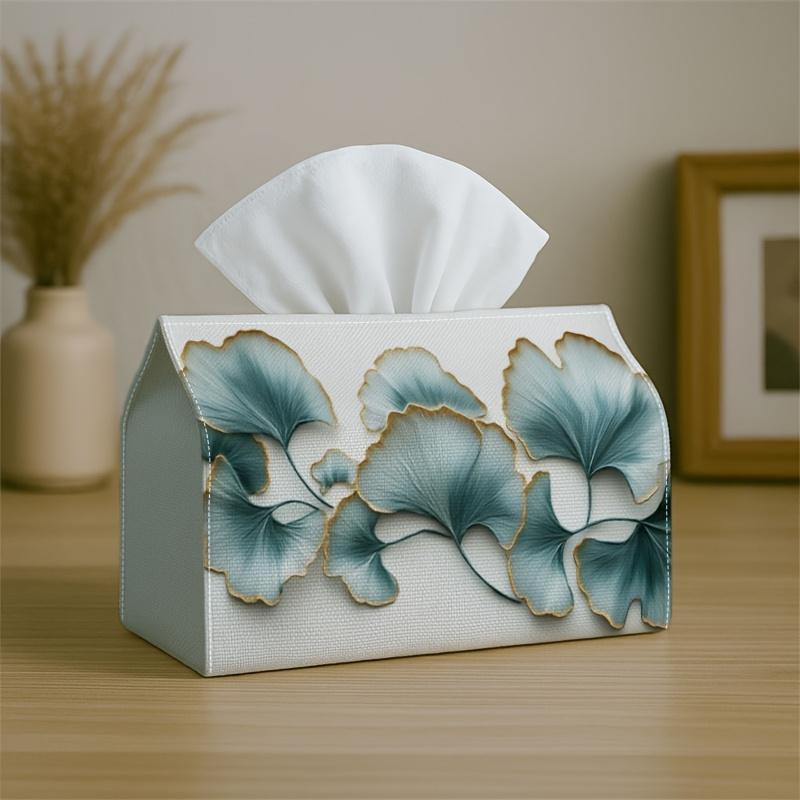 1pc 2D Flat Printed Tissue Box for Parties, Featuring a Modern Elegant Botanical Design with a Blue Ginkgo Leaf. This Multifunctional Tissue Holder Is