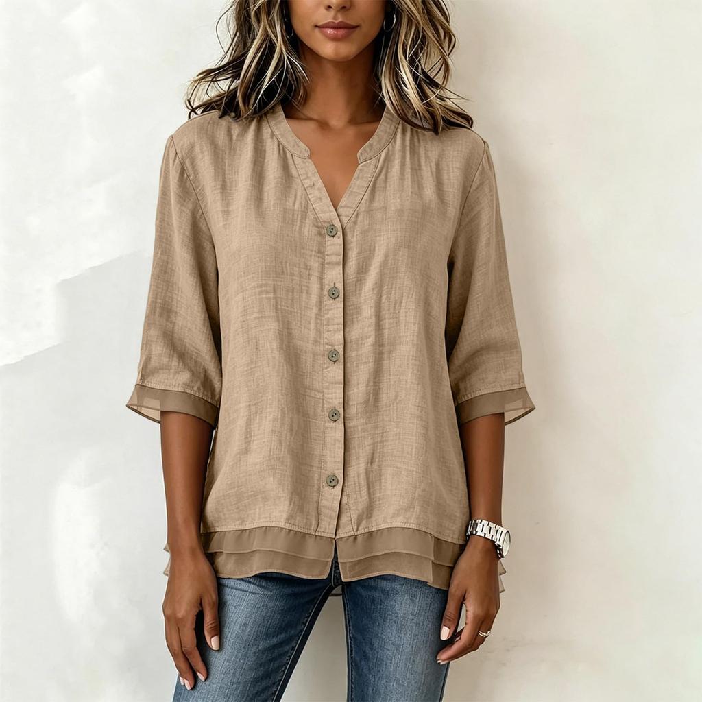 Women V Neck Button Down 3/4 Sleeve Loose Fit Blouse Lightweight Layered Hem Casual Tunic Top for Daily Wear