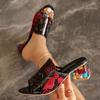 Fashion Fashion Embroidered High Heel Slippers Women Colorful Rhinestone Square Heels Sandals Woman Summer Peep Toe Slip On Mules Slides