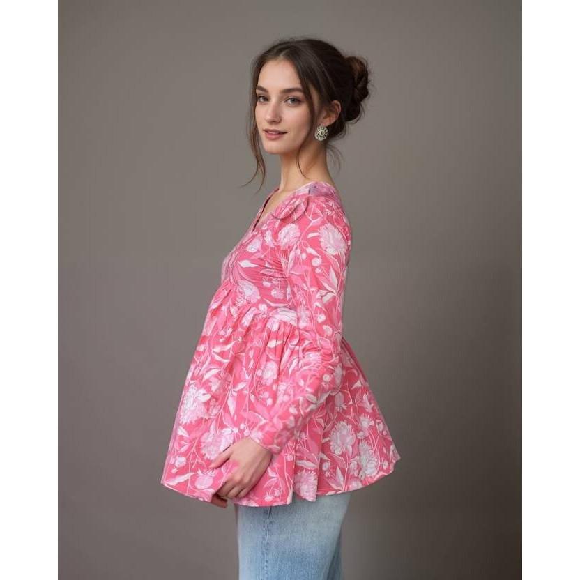 Women Casual Regular Sleeves Floral Print Pink Top Party Wear Top Tunic Kurta SC-2128