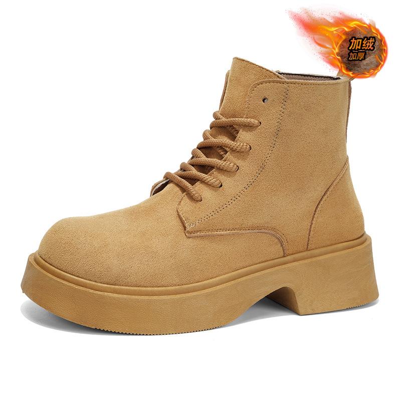Men's shoes, new fleece warm cotton shoes, high-top leather shoes, British style platform soles, anti-slip heightened Martin boots