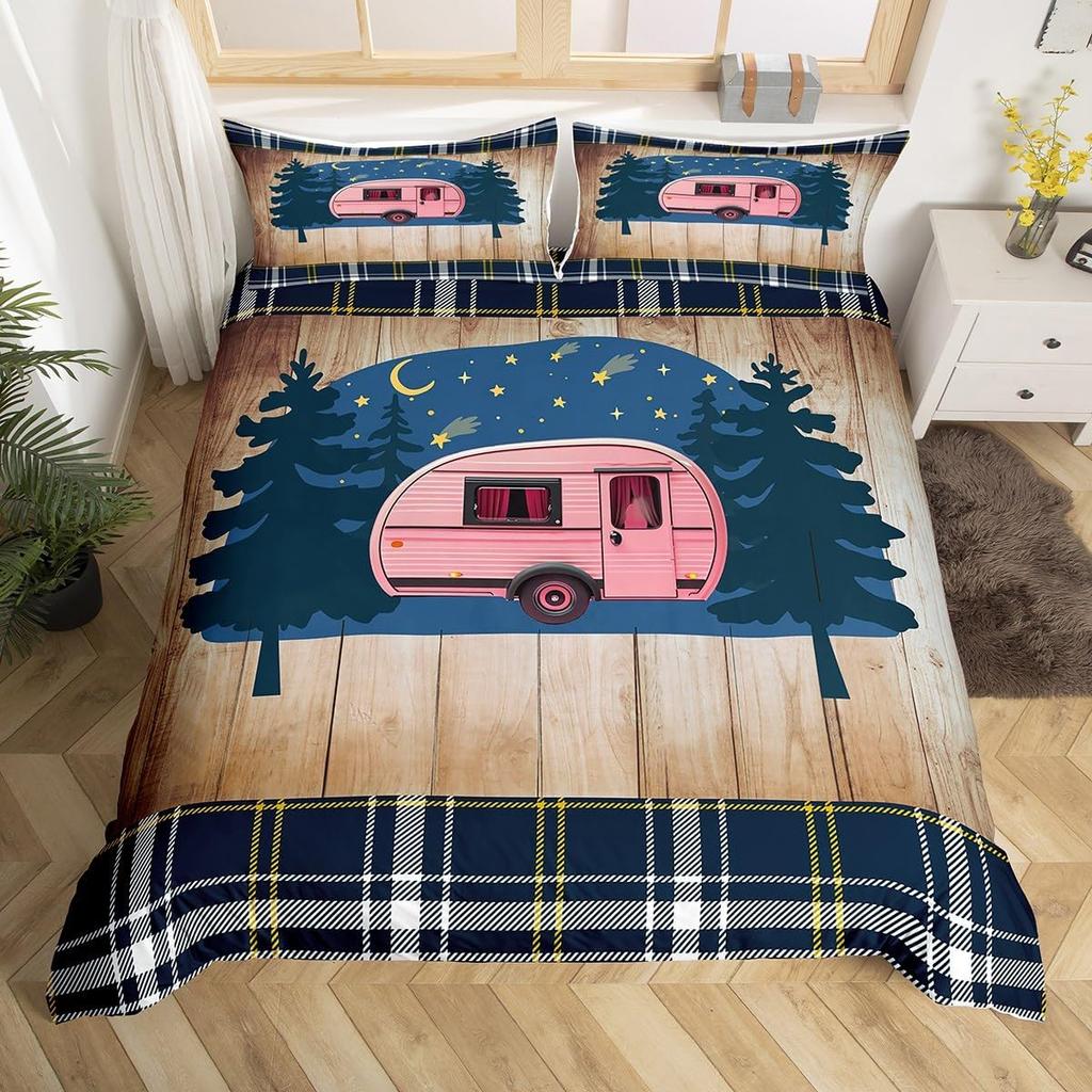 Handbemalte Bergdeko Bettbezug-Set Queen King Size Happy Camping Kinderbettwäsche für Jungen Mädchen 3-teilig mit 2 Kissenbezügen