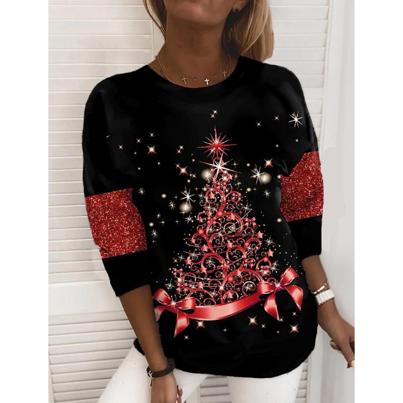 XS-8XL Women's T Shirt Tee Snowflake Sparkly Christmas Tree Christmas Weekend Painting Tee Long Sleeve Print Round Neck Basic