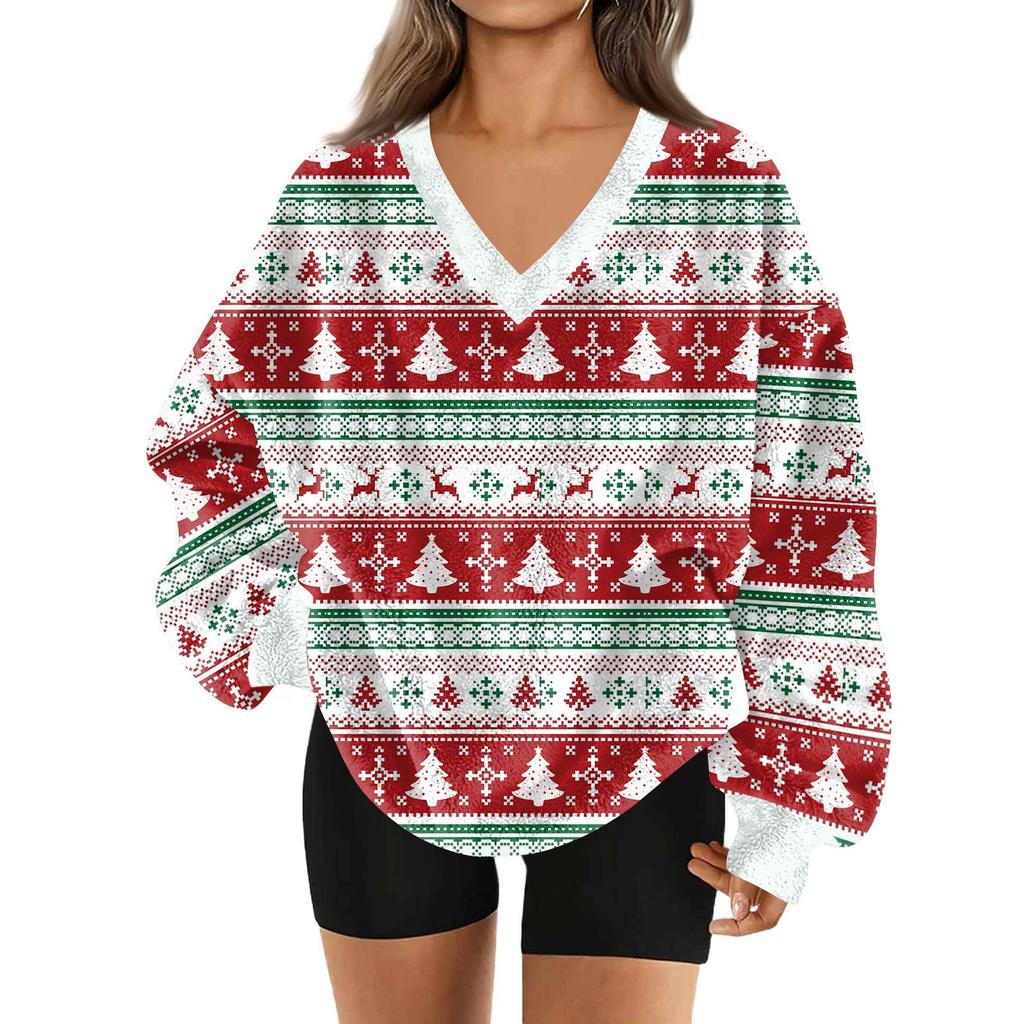 Women's Fashionable V-neck Christmas Printed Long Sleeved Casual Pullover Plush Warm Pocket Sweatshirt Top