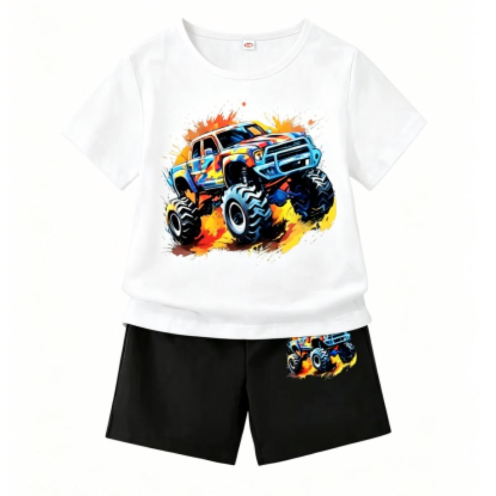 Cartoon Car Print Outdoor Street Kids T-shirt and Shorts Summer Home Casual Outfit Boy and Girl's Sports Set