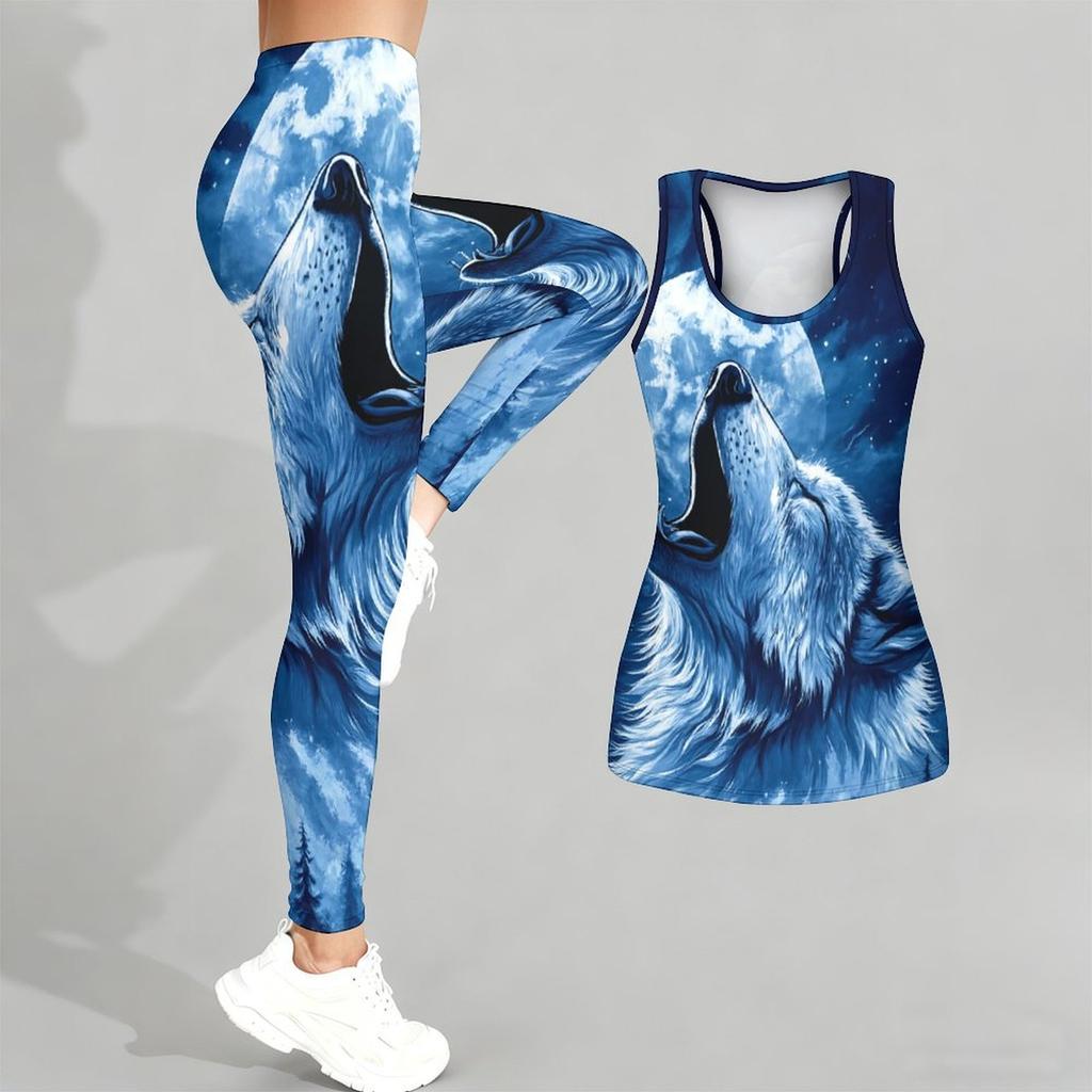 Wild Wolf Pattern Print Yoga Outfit for Women Fashion Workout Leggings Fitness Sports Casual Yoga Set Sports Suit