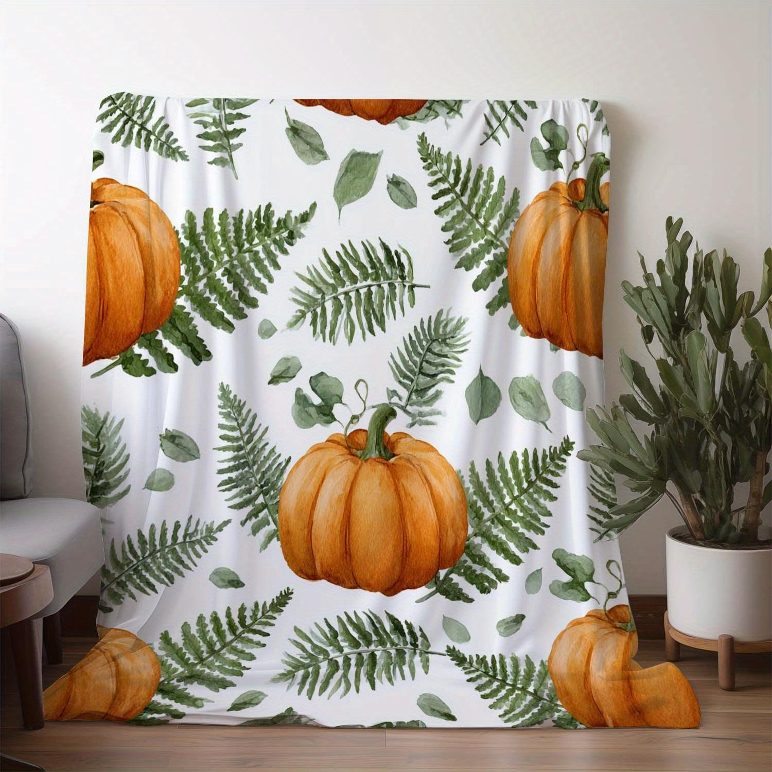 

1pc Sdoo Flannel Blanket - Soft Warm Autumn Throw with Pumpkin & Fern Leaf Pattern in Orange/Beige/White/Green - All-Season Couc 130x150cm