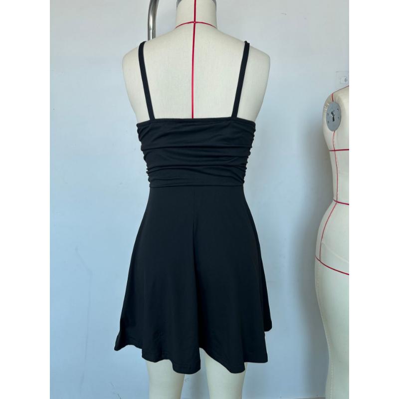 Mini Abito Sexy da Donna con Spalline Sottili Scollo a V Vita Arricciata Orlo Spaccato Linea ad A Colore Unito Estate Festa Serale Club Night Out Abito