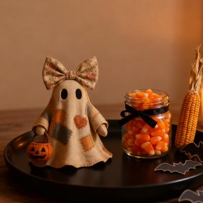 Patchwork Yousheng Fantôme Décoration d'Halloween Fantôme Fait Main avec Seau Citrouille et Nœud Floral Ornement de Table Vintage pour Étagère Décoration de Maison