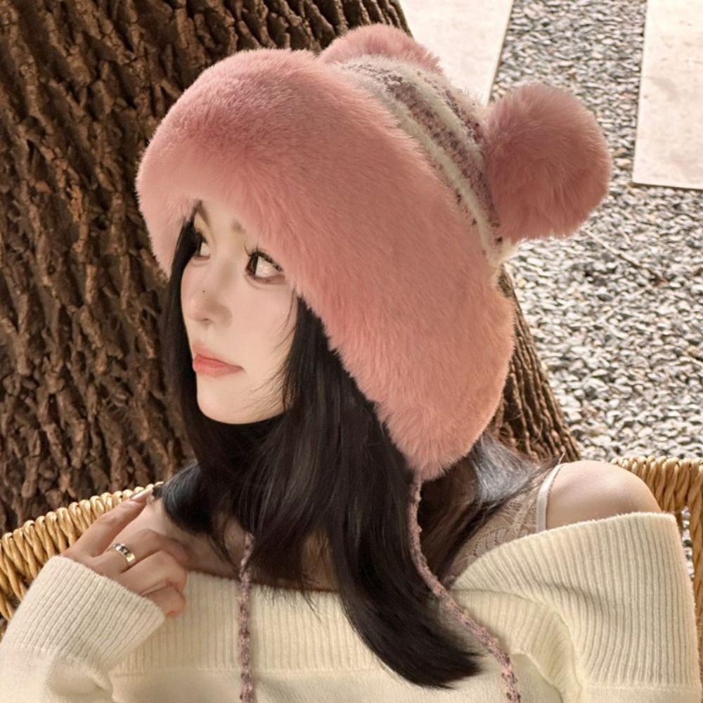 Thickened Plush Pompom Balls Cap Cute Ears Winter Warm Hat New Ear Protection Cap Autumn Winter