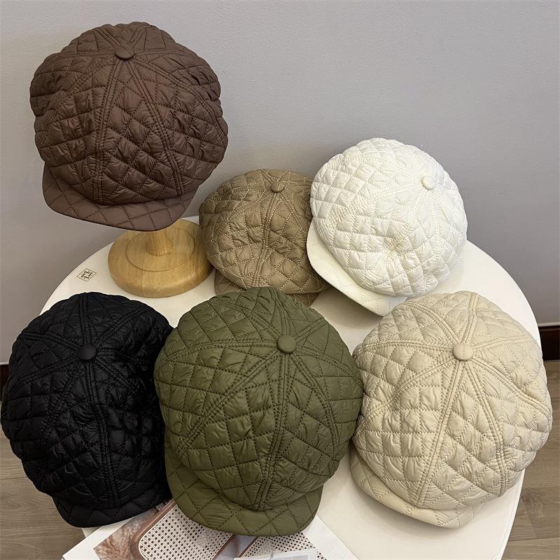 

Fashion quilted rhombus down cotton forward hat women s winter warm literary retro cap M（56-58cm） зелений