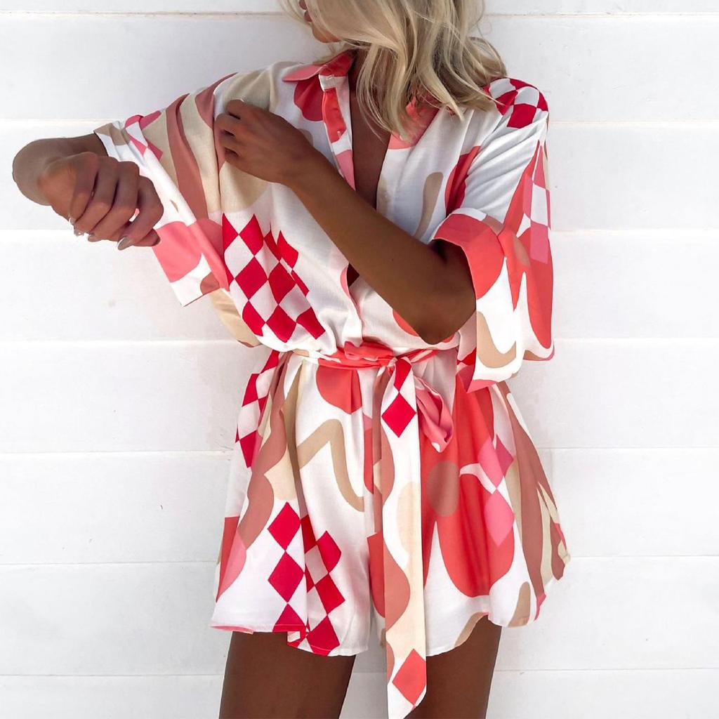 Women's Fashionable Casual Loose And Comfortable Tie Waist Open Collar Five Quarter Sleeve Jumpsuit