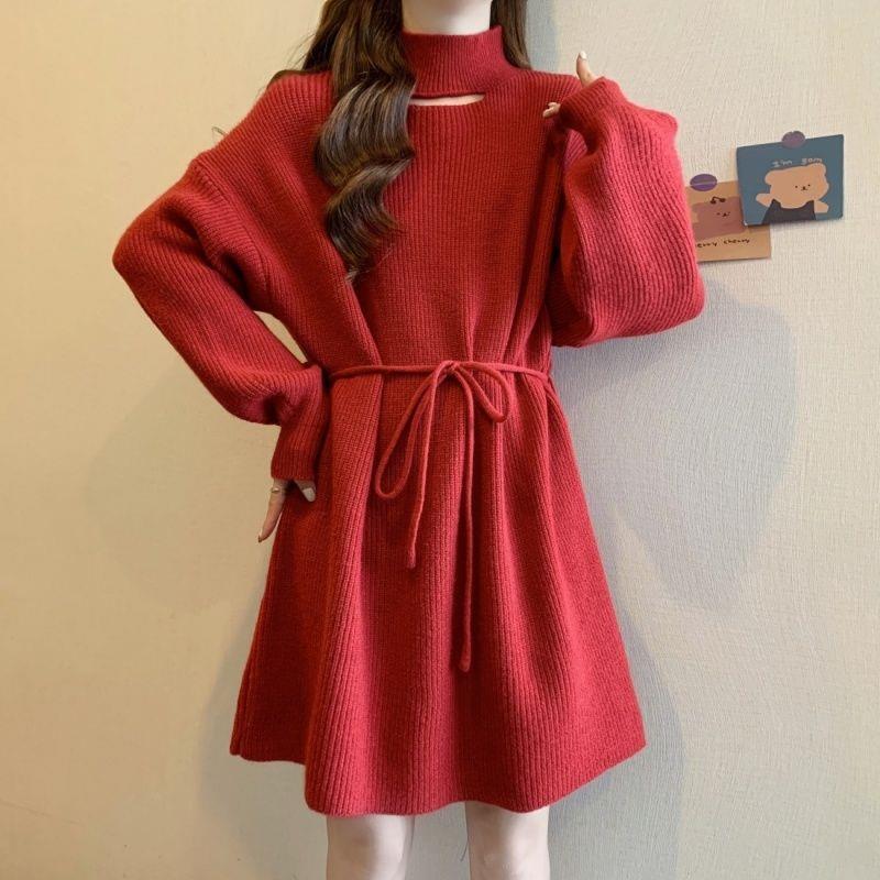 Plus Size Women's High Neck Knit Dress: Waist-Cinching Slimming Base Layer for Autumn/Winter