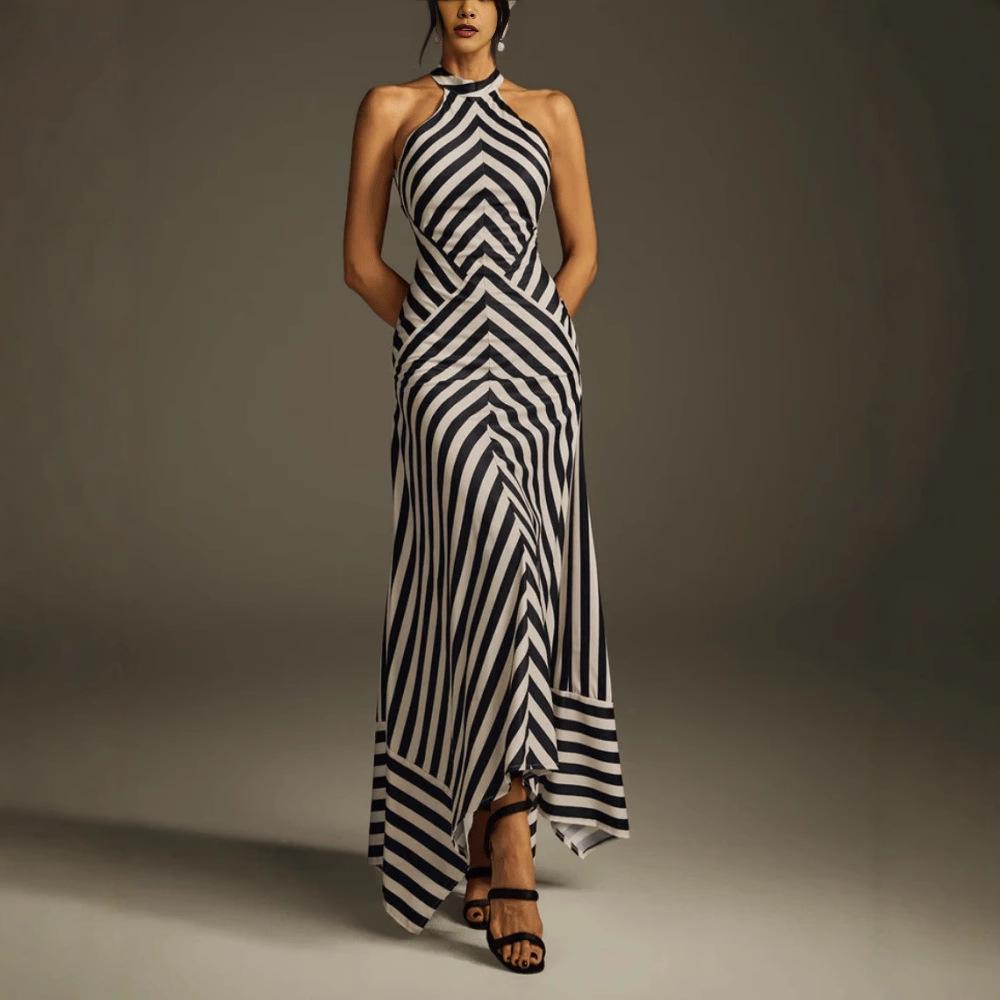 Women Halter Striped Print Maxi Dress Sleeveless High Waist Flowy Summer Dress