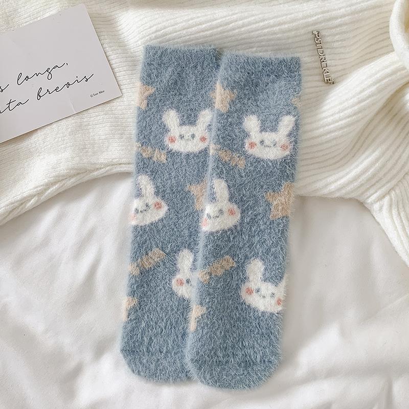 Șosete roz dulce cu iepurași și fundă, imitație nurcă, iarnă, pluș, calde, de casă, pentru dormit, ins japonez, desene animate, drăguțe, cu blană, șosete tub