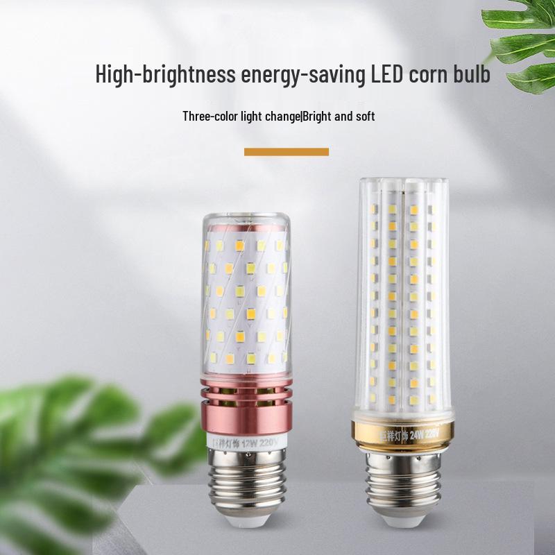 Tri-Color Dimmable LED Bulb, E27/E14 Base, 12W, Energy-Saving Corn/Candle Light for Home.
