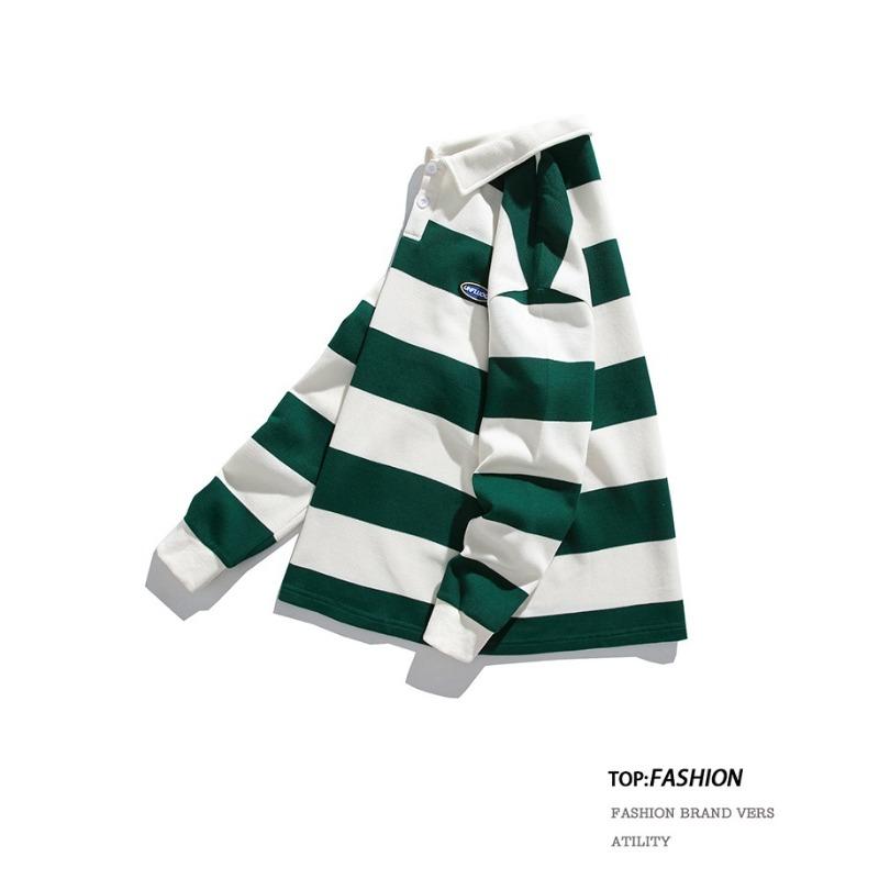 New Autumn Men's New Loose Striped Double-bead Floor Cotton Sweatshirt Lapel Long-sleeved POLO Shirt