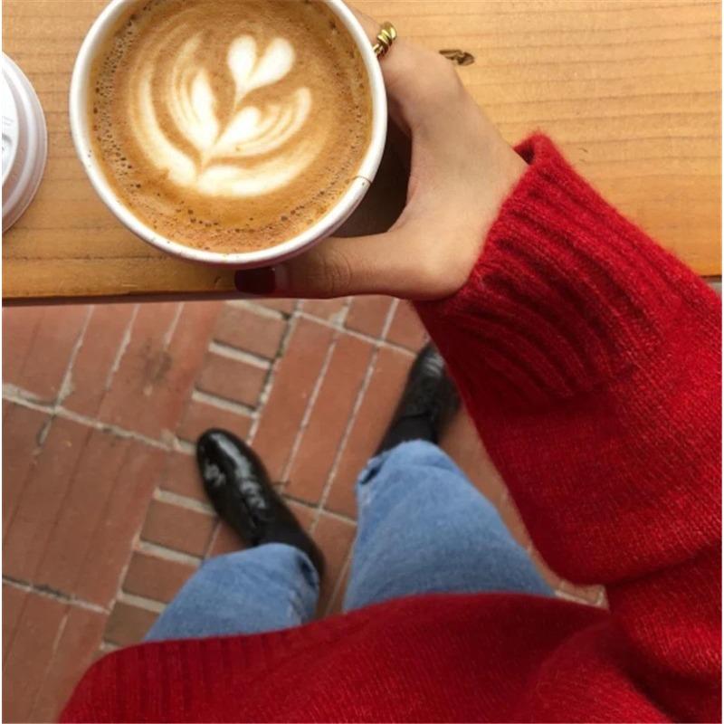 Cherry Red Raccoon Fleece Sweater Women's Autumn and Winter Loose Lazy Style Retro Pullover with Knitted Bottoming Shirt