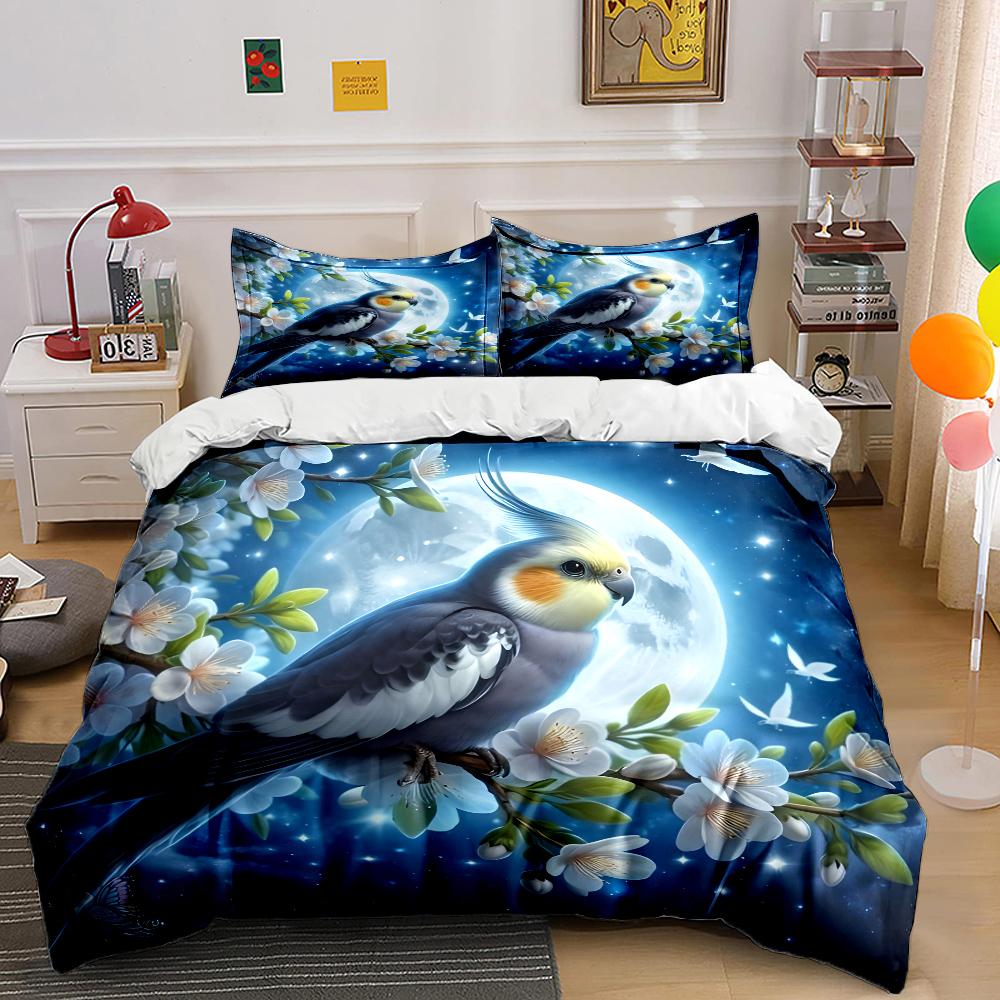 Cockatiel Perched In Moonlit Blossoms Print Bedding Set 1Duvet Cover 2 Pillowcases for Adult and Children Luxury Gift Full Size
