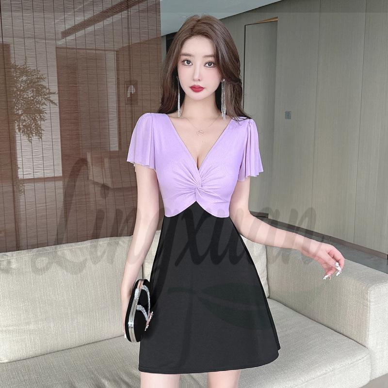 Elegant Deep V-Neck Mesh Splice Waist-Cinching Technician Uniform Skirt M фиолетовый