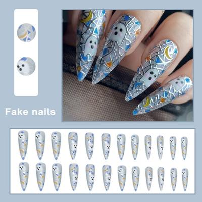 Long-tip Fake Nail Halloween Ghost Stylish Glamorous Design Fun Safe Long Lifespan Anti-break Fake Nail