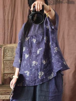 T-shirt manches mi-longues en lin pour femmes, Vintage, imprimé Floral, Patchwork, hauts d'été, amples