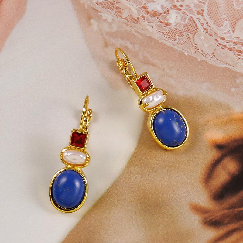 Vintage Lapis Lazuli Dangle Earrings for Women Gold Plated Garnet Square Drop Earrings with Baroque Pearl Hypoallergenic Lightwe