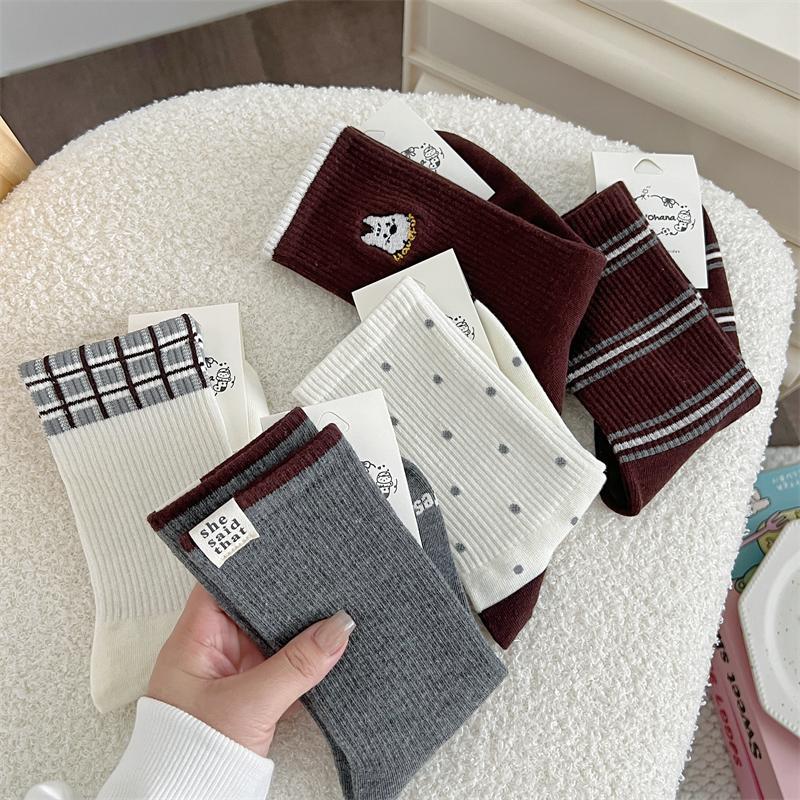 Female Spring and Autumn Sweet Cute Spot Striped Cartoon Dog In The Tube Pile Pile Cotton Socks