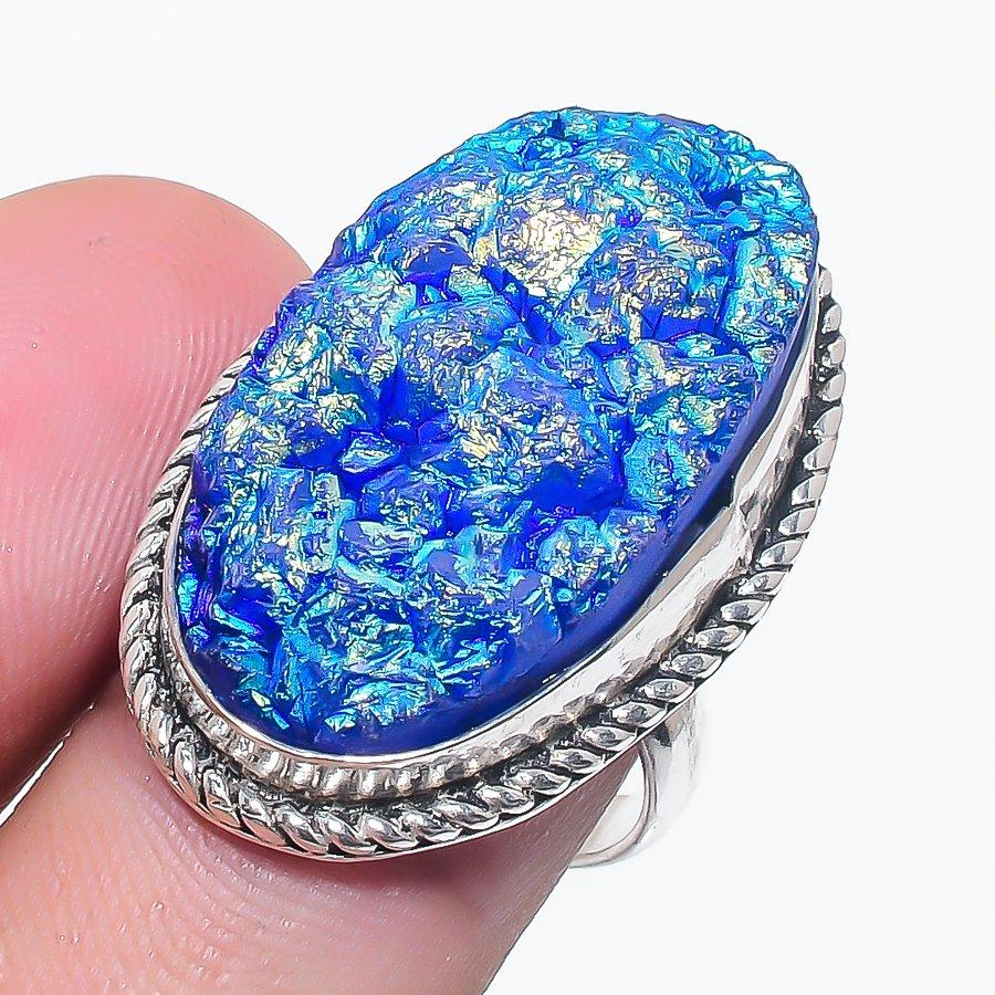 

Синий Титановый Друзовый Драгоценный Камень 925 Стерлинговое Серебро Ювелирное Кольцо Размер 6.5