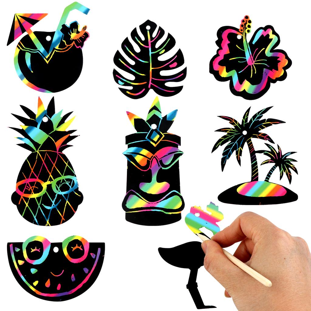 64 Pcs Hawaiian Theme Scratch Cards Art Magic Rainbow Scratch Cards Flamingo