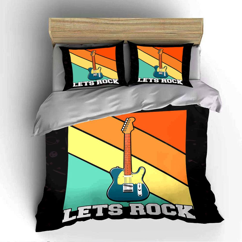 Retro Guitar "Lets Rock" Design Bedding Duvet Cover Set Duvet Cover Pillowcases (1*Duvet Cover 2*Pillowcases, Without Duvet Insert)