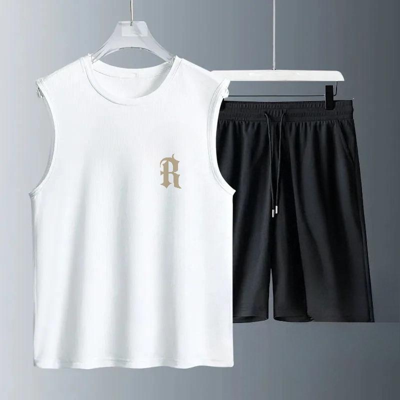 Men Summer Polyester Workout Tank Tops Sweat Sleeveless Tee Sports Gym Fitness tops Workout Casual Top Men sets men Clothing