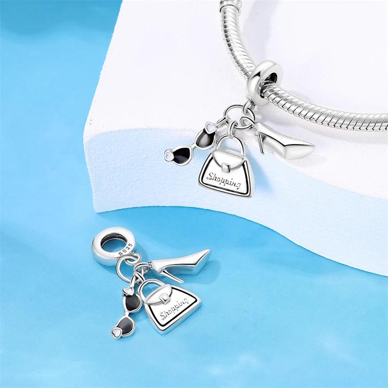 Original Charms Copper Plated High Heels Sunglasses Handbag Pendant Beads Fit Bracelet Women'S Diy Jewelry Gift