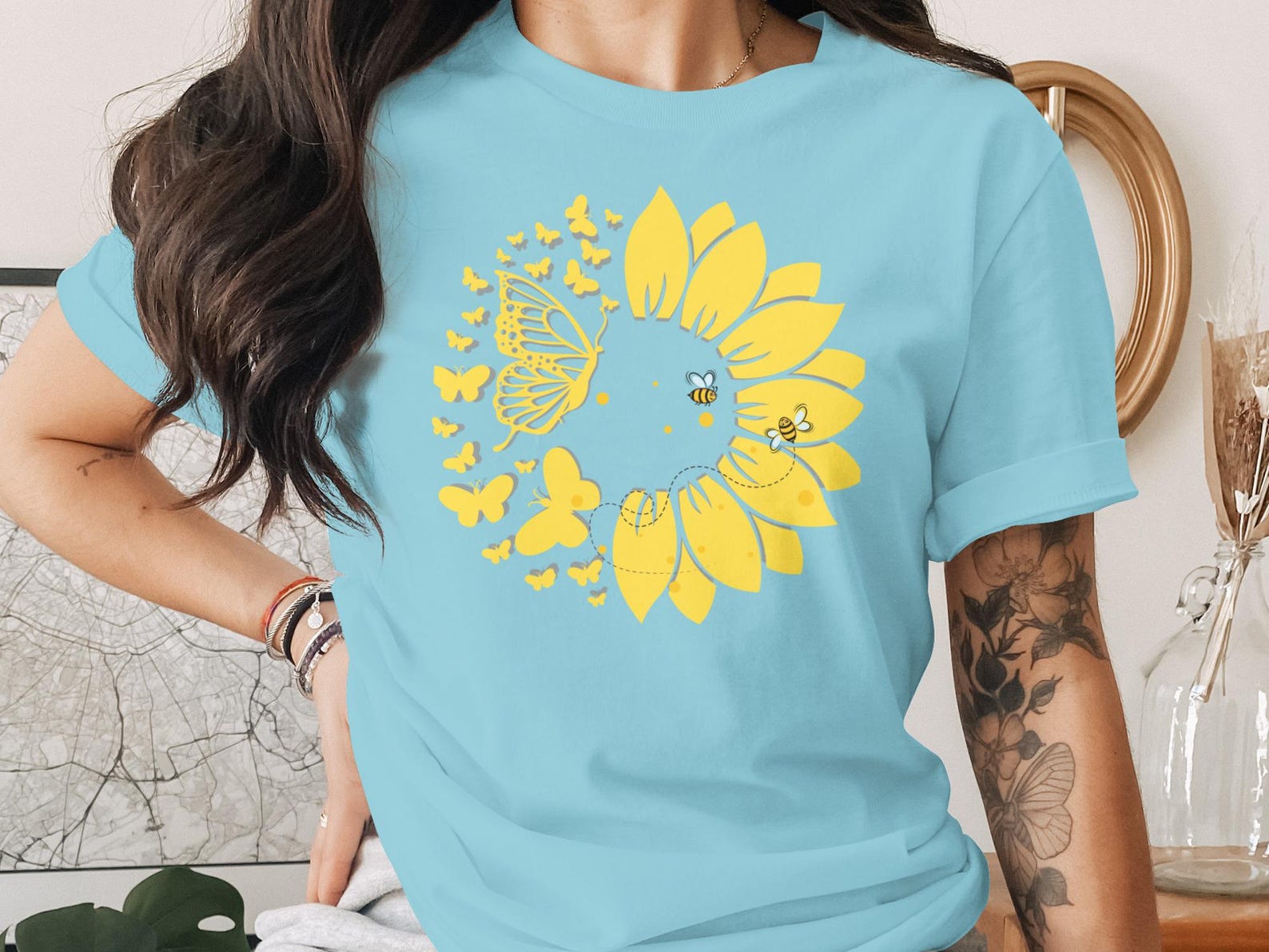 Butterfly Sunflower T-Shirt, Whimsical Bee Garden Top, Spring Summer Nature Tee 4XL