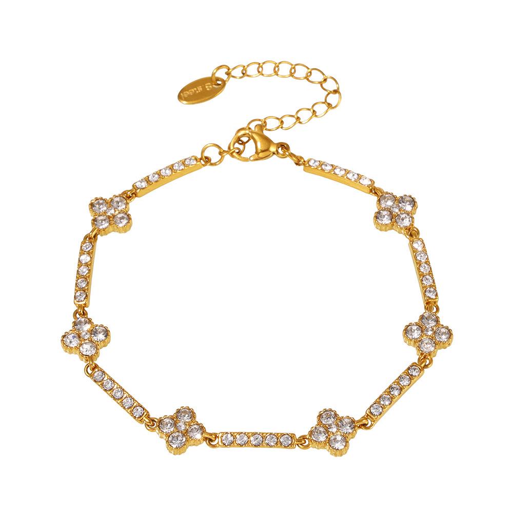 Qiong Yao Stainless Steel Four-Leaf Clover Zircon Bracelet with PVD Gold Coating