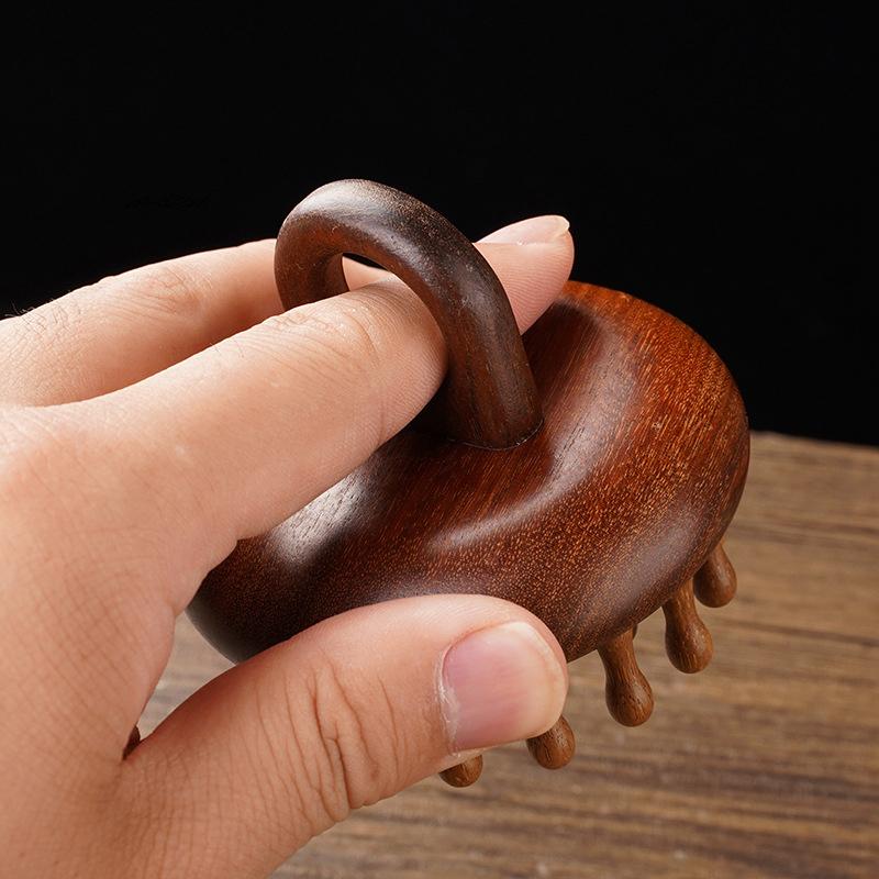 Portable Multi-Functional Wood Massage Comb Circular Tooth Guasha Scalp Head Massager with Ring - Therapy & Relaxation Tool