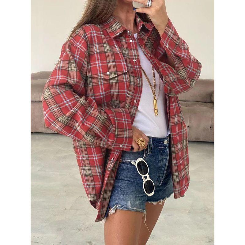European and American Retro Plaid Lapel Long sleeve Loose Shirts Plaid Lapel Loose Fitting Shirt