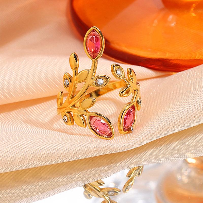 European and American Zircon Leaf Ring Does Not Fade, High Value Opening Fashion Couple Ring, Colored Titanium Steel Jewelry Ring