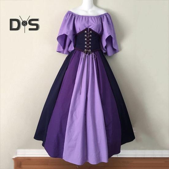Women Halloween Dress Halloween Party Costume Flying Sleeve A-line Big Hem Contrast Color Patchwork Off Shoulder Pleated Tight Waist Medieval Vintage
