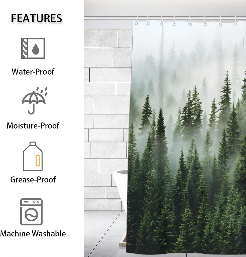 Pardick Shower Curtain, Forest Nature Tree Waterproof Shower Curtain Set with 12 Hooks, Polyester Fabric Shower Curtains for Bat