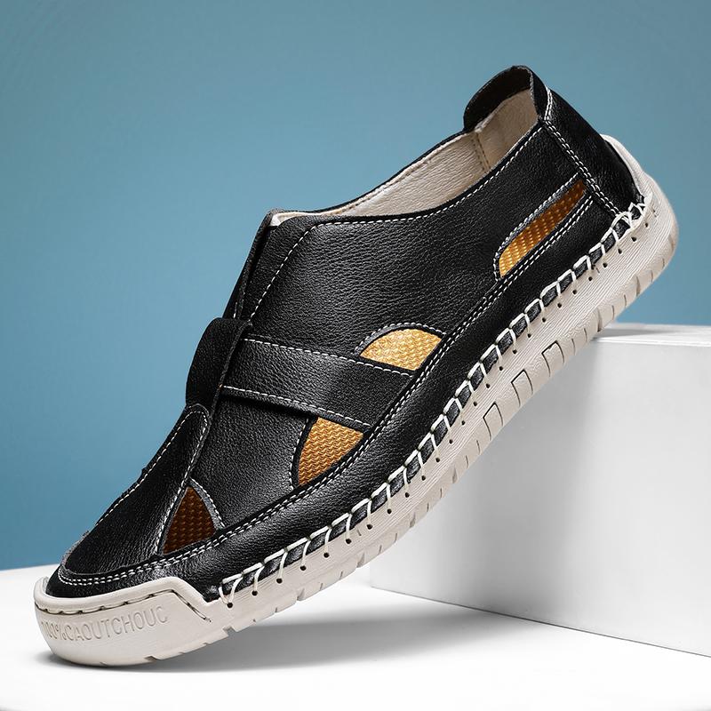 

High Quality Handmade Summer Leather Sandals Men Breathable Hollow Out Shoe Outdoor Soft Sole Men Antiskid Beach Sandals 45 чорний