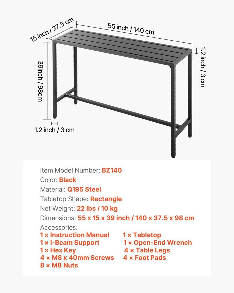 Outdoor Bar Table, 140 X 37.5 Cm Patio Bar Table, Waterproof Top & Sturdy Metal Frame, Rectangle Counter Height Dining Tables, Outdoor Furniture for