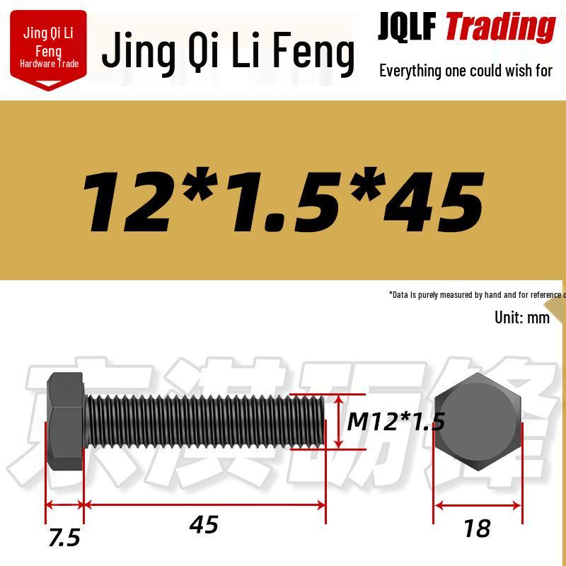 12.9 Grade Black High-Strength External Hex Bolt, Medium Tooth, Full Thread, M10-M36