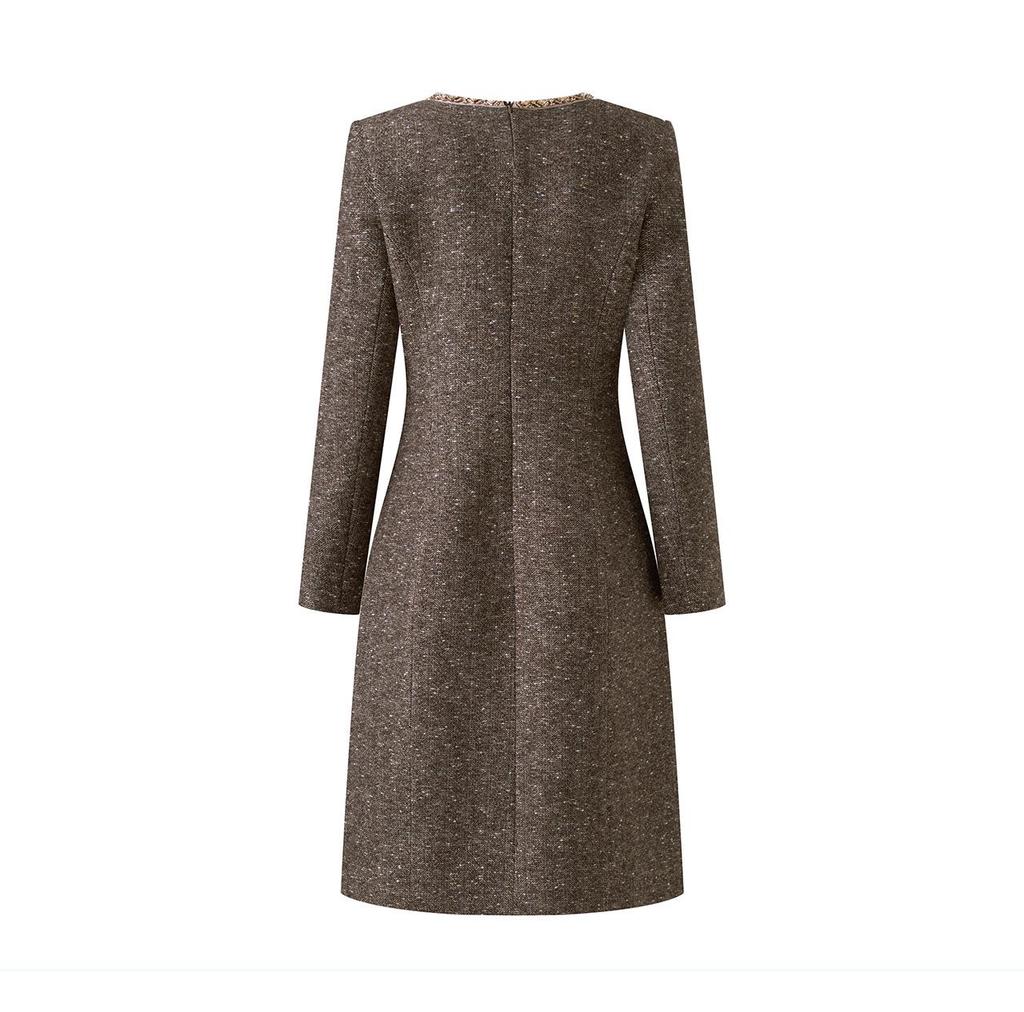 Kadınlar İçin Taşlı Yaka, Şık Sosyetik, Altın İplikli Balıksırtı Yün Elbise