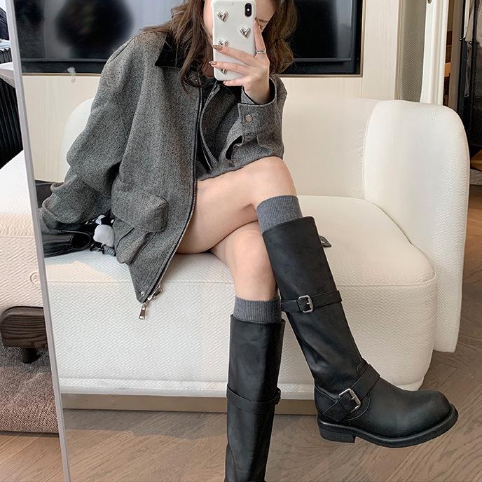 Su Yinyin Retro Cowhide Double Buckle Over-the-Knee Chunky Heel Round Toe Knight Boots for Women